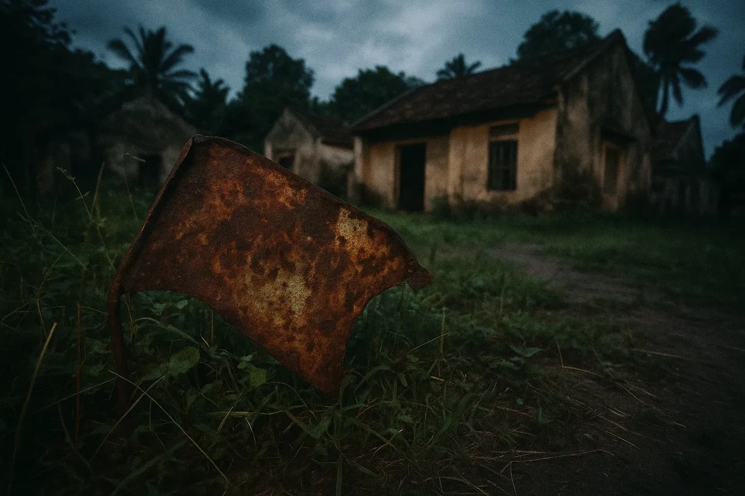 A rusted, deformed metal sign marked "Agent Orange" half-buried in the overgrown landscape of a Vietnamese village, symbolizing lingering toxic exposure and multi-generational suffering.