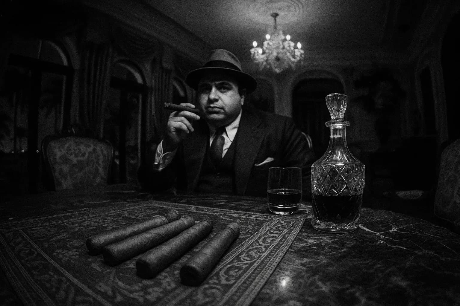 A figure resembling Al Capone sits at a lavish dining table in a Palm Island mansion, surrounded by opulence—fine cigars, a crystal decanter, and a half-filled glass, symbolizing his crime empire's heyday.