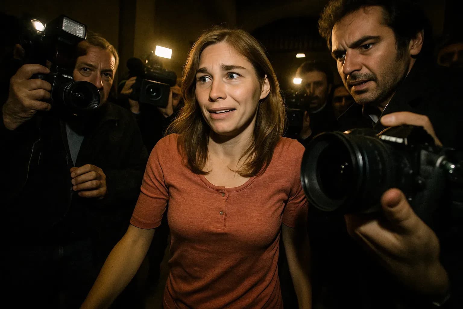 A figure resembling Amanda Knox walks through a crowd of reporters, cameras flashing, as she leaves an Italian courtroom, her expression a mixture of relief and disbelief