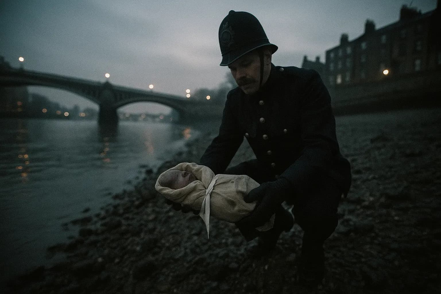 A riverbank in Victorian England, where a police officer retrieves a small body wrapped in cloth from the Thames, a white tape tied around the neck, evidence in Amelia Dyer's horrific 'baby farming' crimes