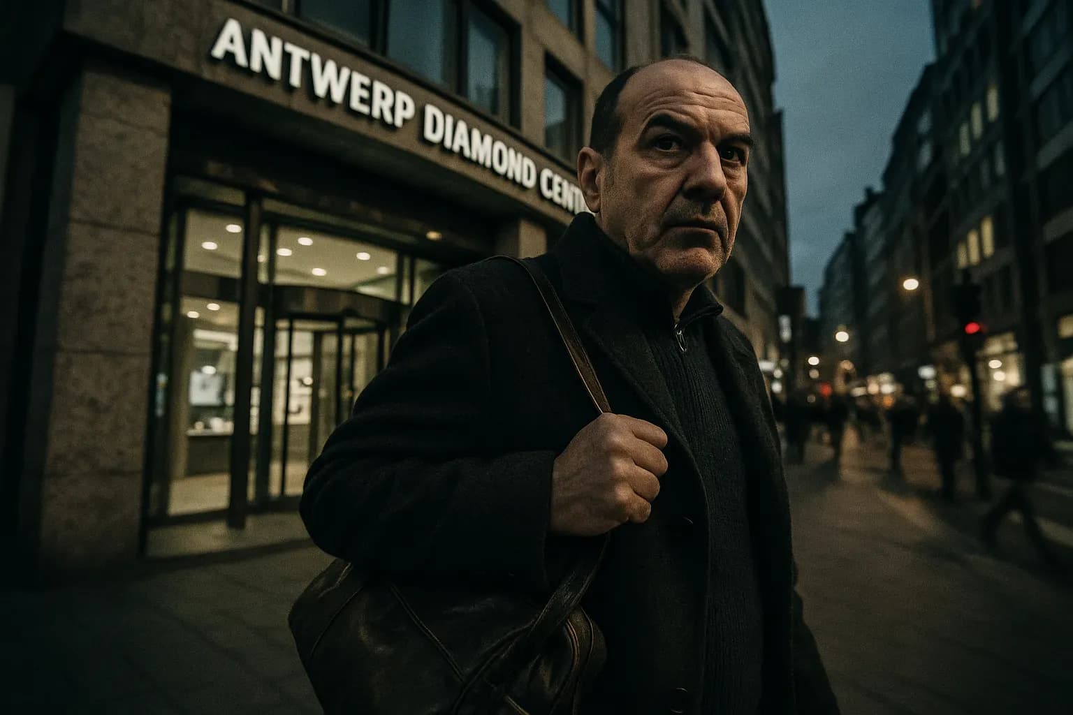 En skikkelse, der ligner Leonardo Notarbartolo, står uden for Antwerp Diamond Center, hans udtryk ulæseligt, en lædertaske slynget over skulderen, smelter sammen med den travle bybaggrund.