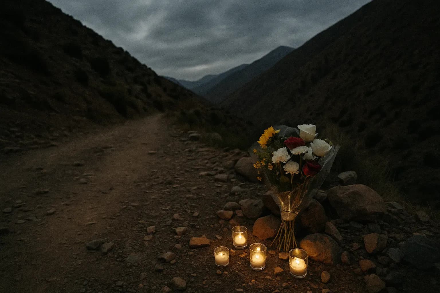 A deserted hiking trail in the Atlas Mountains with a somber memorial of flowers and candles placed on the rocky ground, honoring Louisa and Maren amidst the natural landscape.