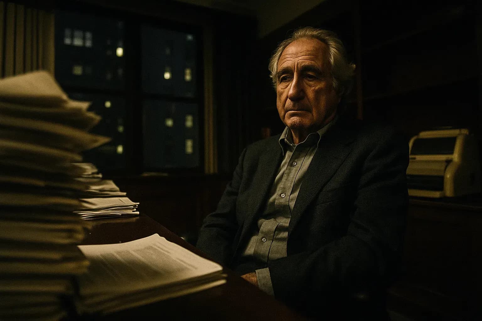 A figure resembling Bernie Madoff sits silently in a dimly lit office on the Upper East Side, surrounded by stacks of financial documents and a gold ticker tape machine quietly idling in the background.
