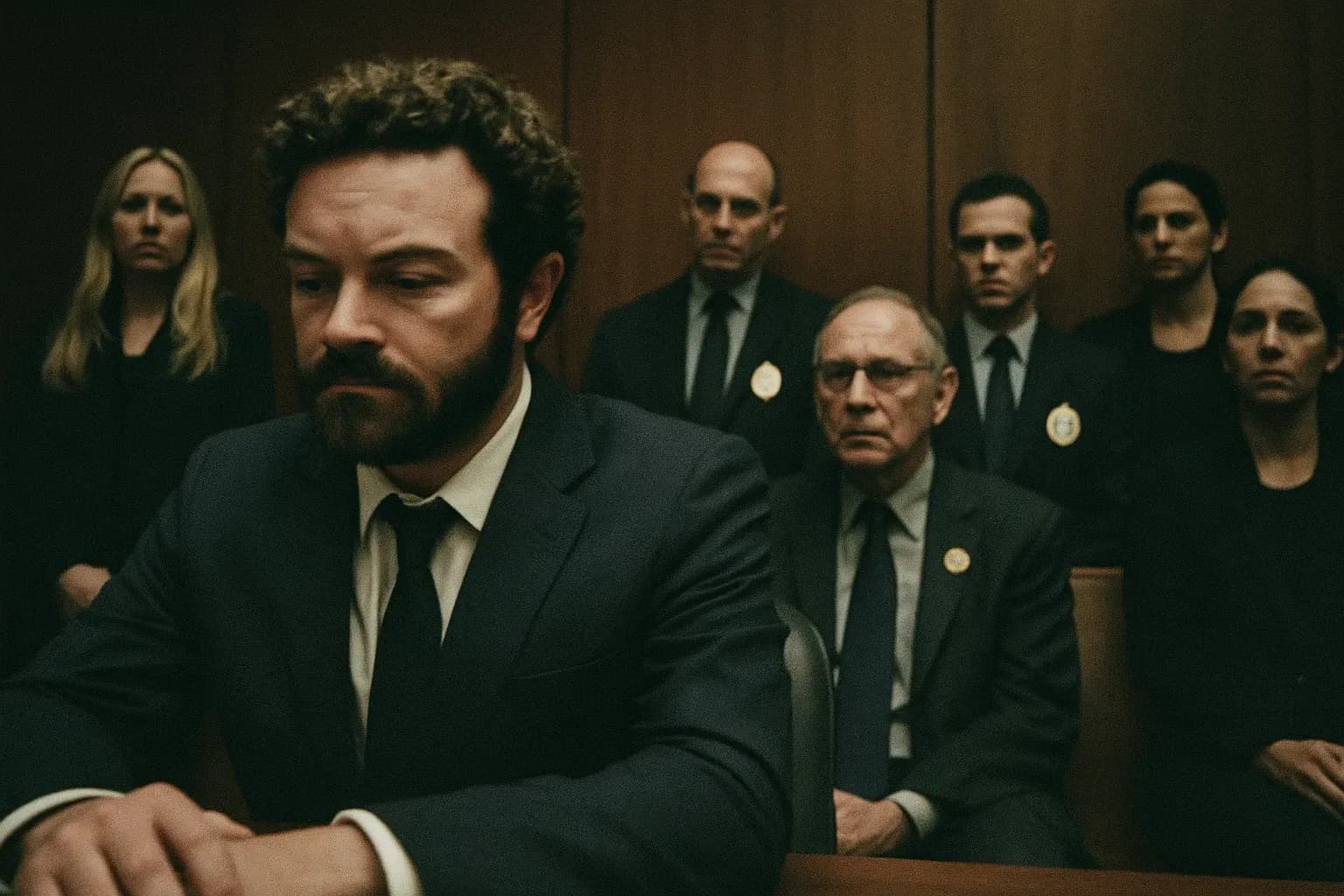 A figure resembling Danny Masterson in a courtroom, expression somber, as he is sentenced; a group of solemn observers nearby, some with noticeable badges suggesting ties to the Church of Scientology