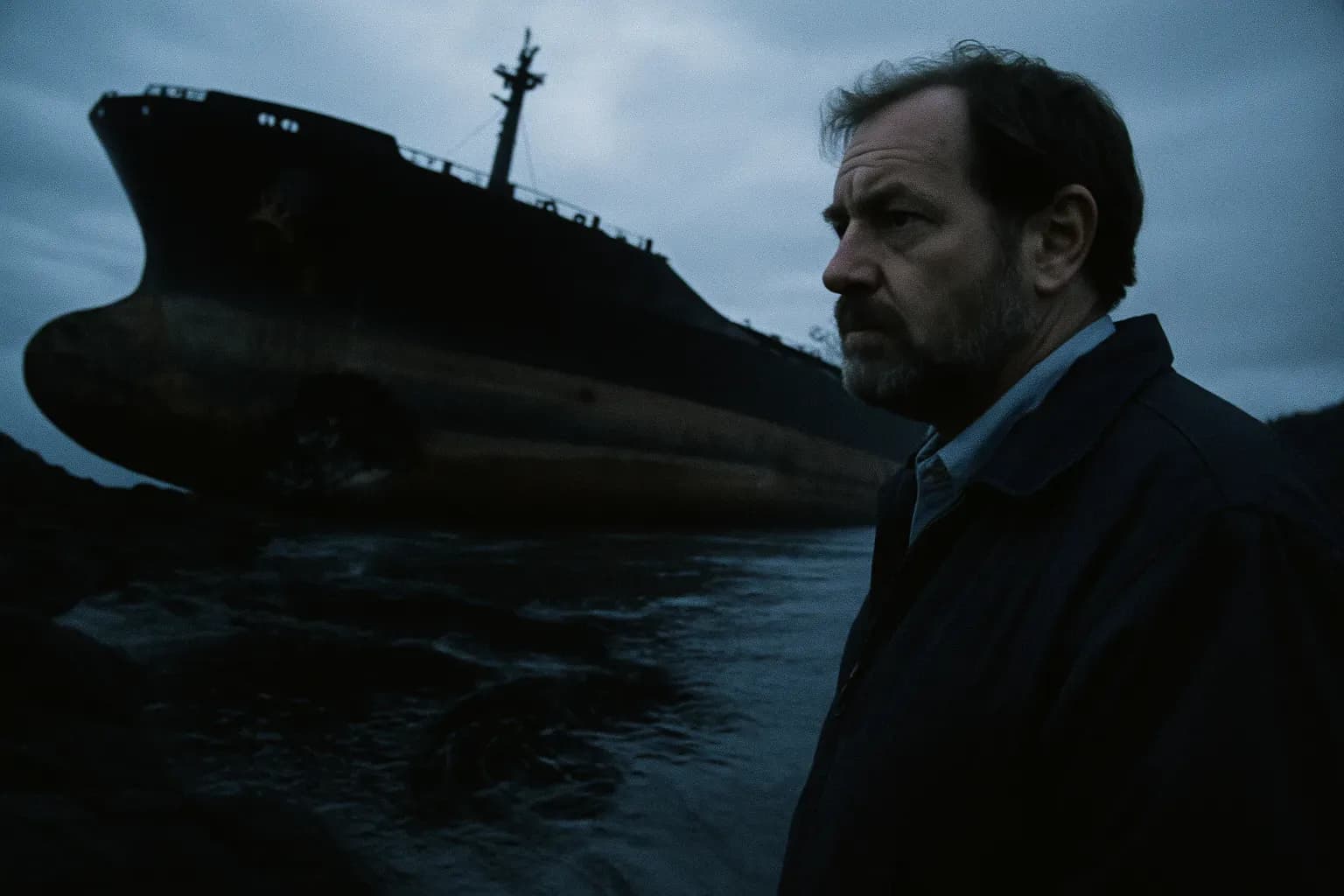 En skikkelse, der ligner kaptajn Joseph Hazelwood, står nær den grundstødte Exxon Valdez, hvis skrog er brudt, og en oliefilm er synlig i vandet omkring Bligh Reef, Alaska, hvilket symboliserer miljøkatastrofens begyndelse.