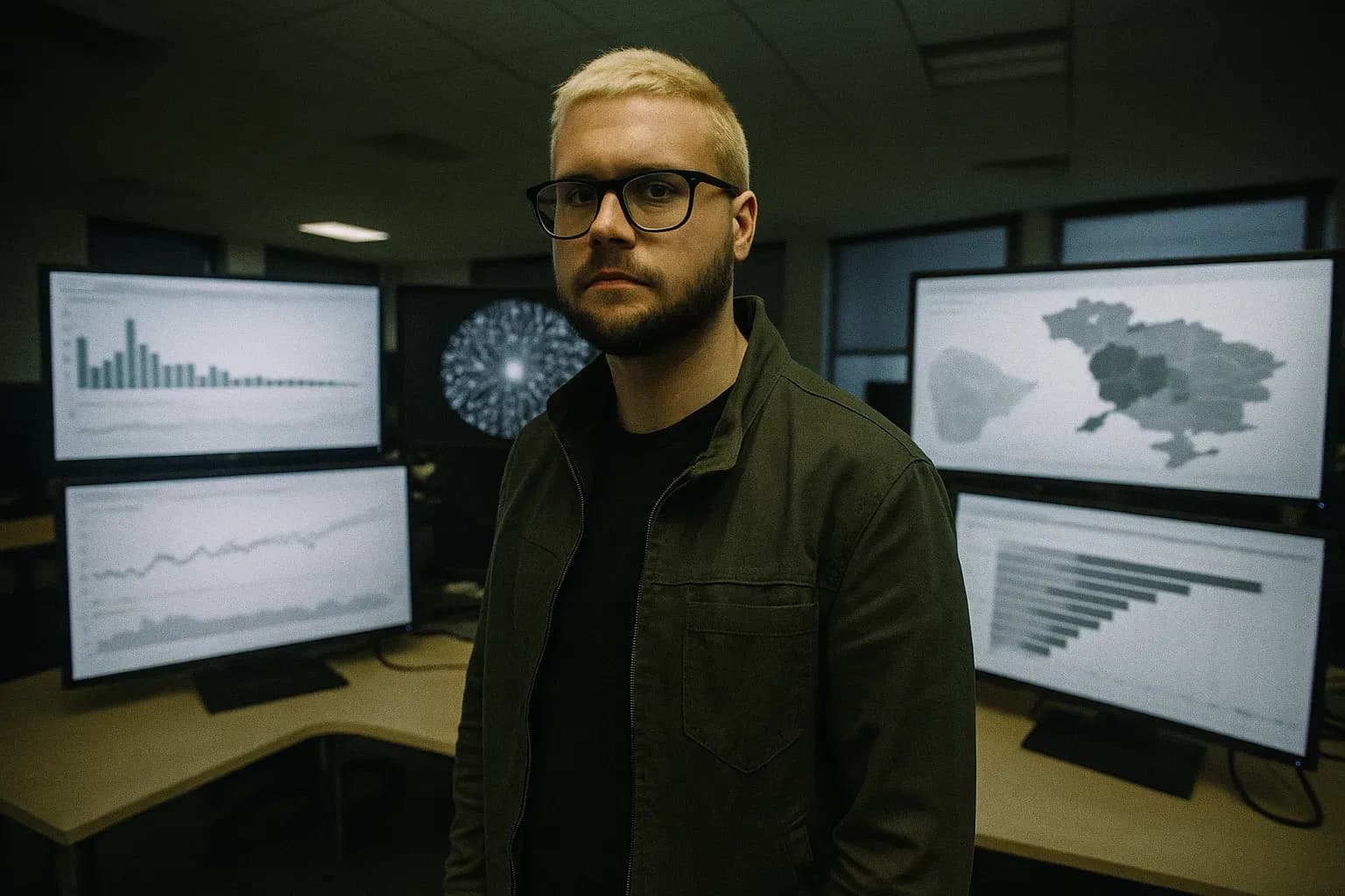En figur, der ligner Christopher Wylie, i en afslappet jakke, står i et kontor omgivet af computerskærme, der viser datavisualiseringer, som symboliserer Facebook-Cambridge Analytica-skandalen.