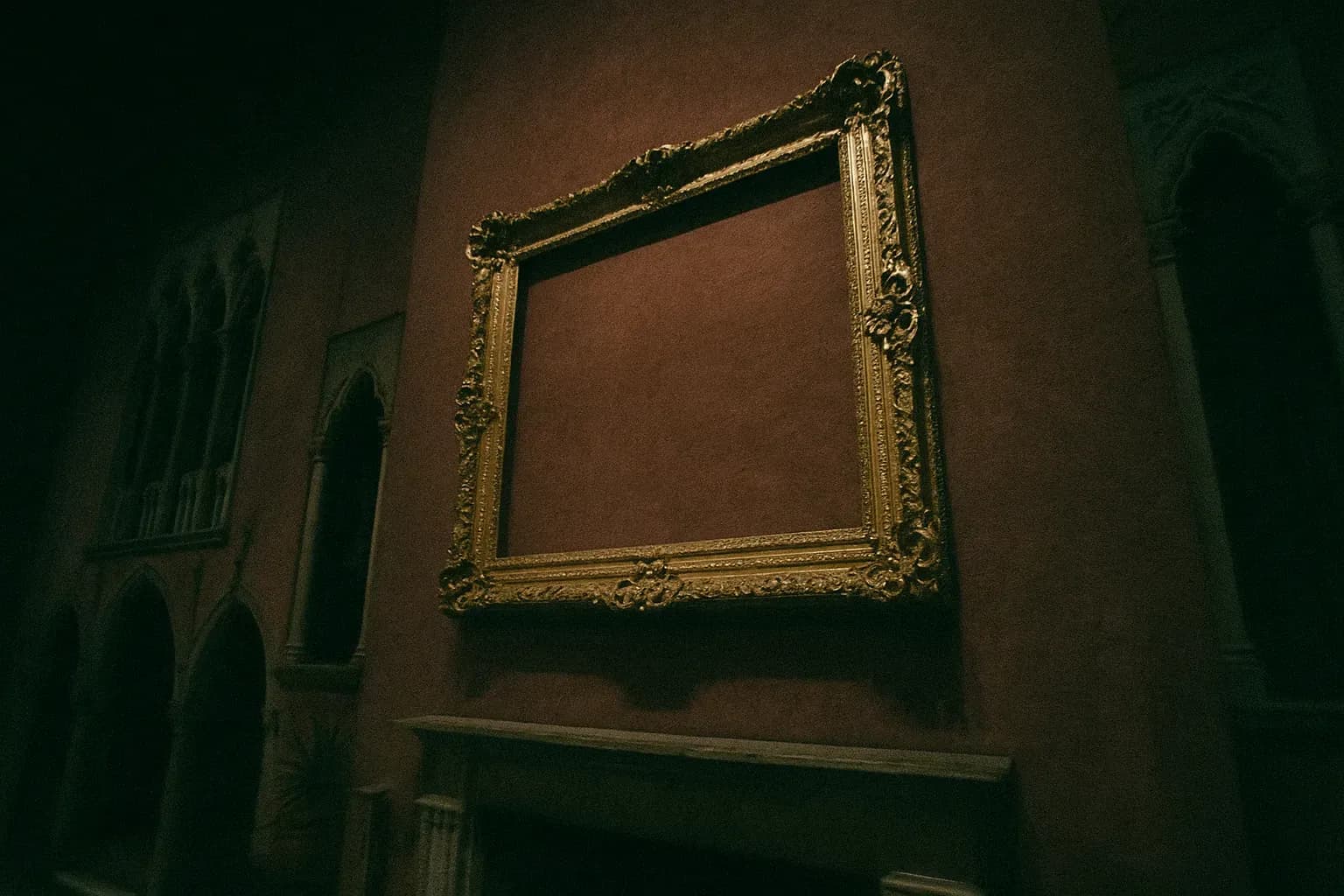 An empty, ornate frame hanging on the wall of the Isabella Stewart Gardner Museum, symbolizing the immense loss of Rembrandt's and Vermeer's stolen masterpieces during the infamous heist.