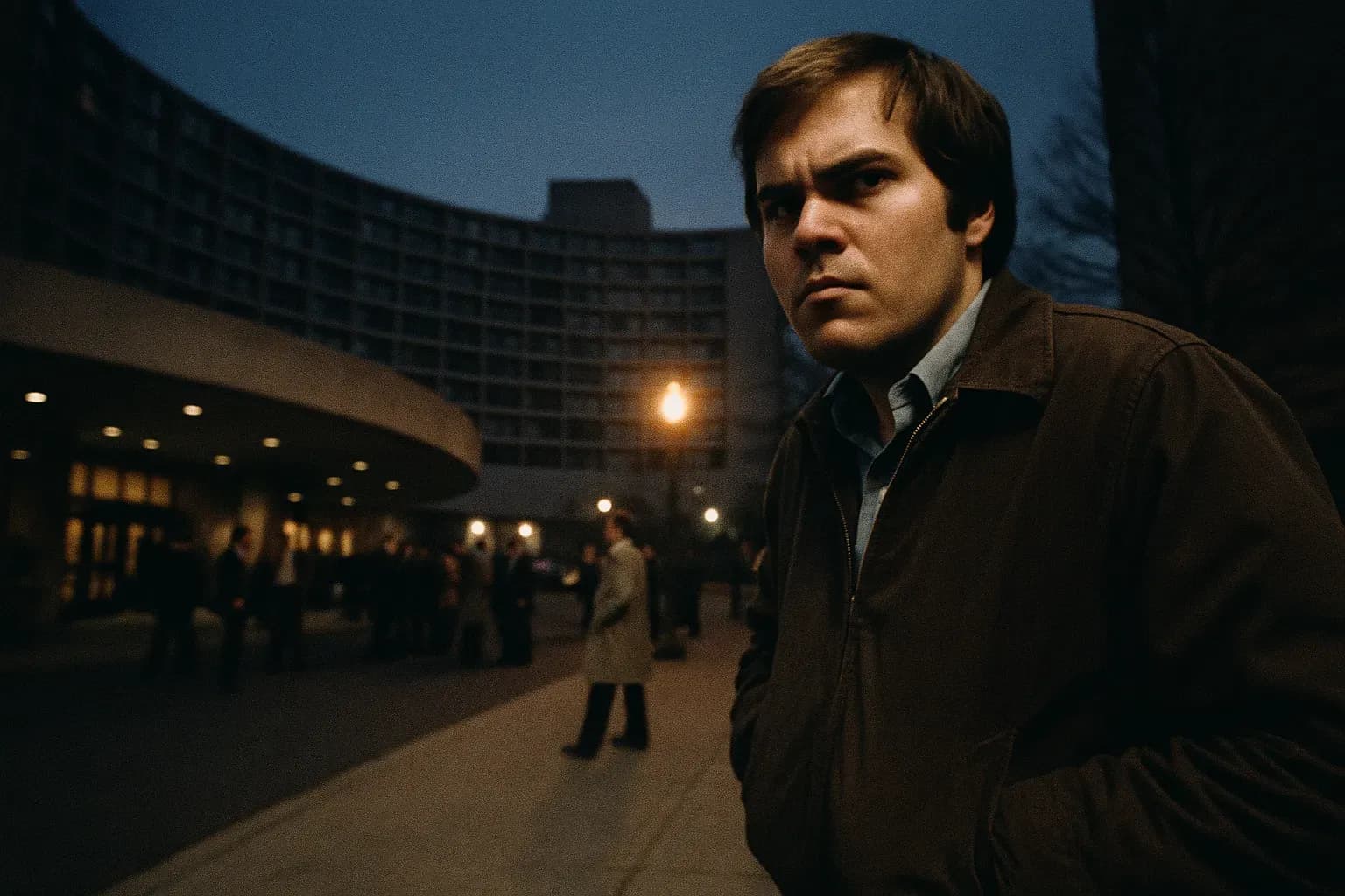 En skikkelse, der ligner John Hinckley Jr., står udenfor Washington Hilton og observerer scenen med intens fokus, med panden rynket og hænderne gemt i jakkelommerne, hvilket fremkalder de spændte øjeblikke før attentatforsøget på præsident Reagan.
