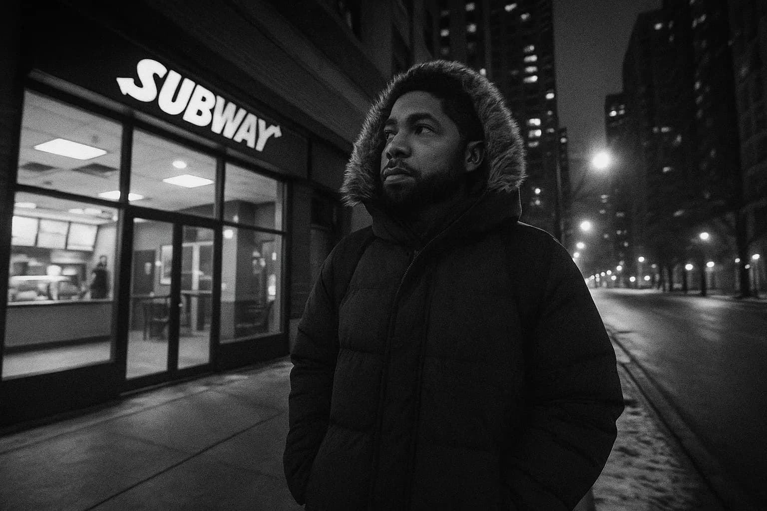 En person, der ligner Jussie Smollett, står uden for en Subway-restaurant i Chicagos Streeterville-område, og kigger mod den tomme gade, pakket ind i en tung frakke.