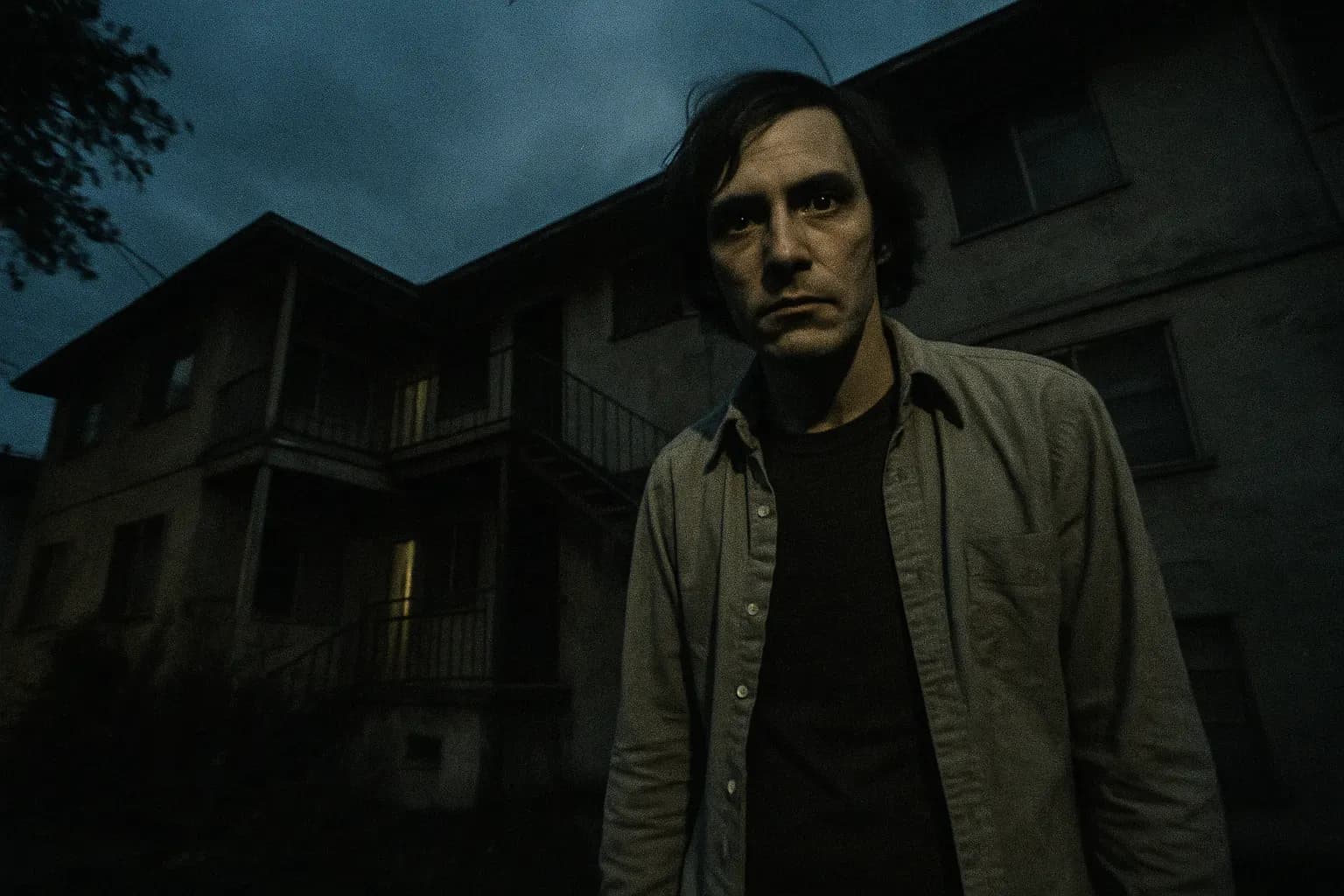 En figur, der ligner Richard Trenton Chase, står foran en forfalden Sacramento lejlighedsbygning og skaber en uhyggelig tilstedeværelse over scenen, hvilket fremkalder den isnende atmosfære fra hans terrorregime i slutningen af 1970'erne.