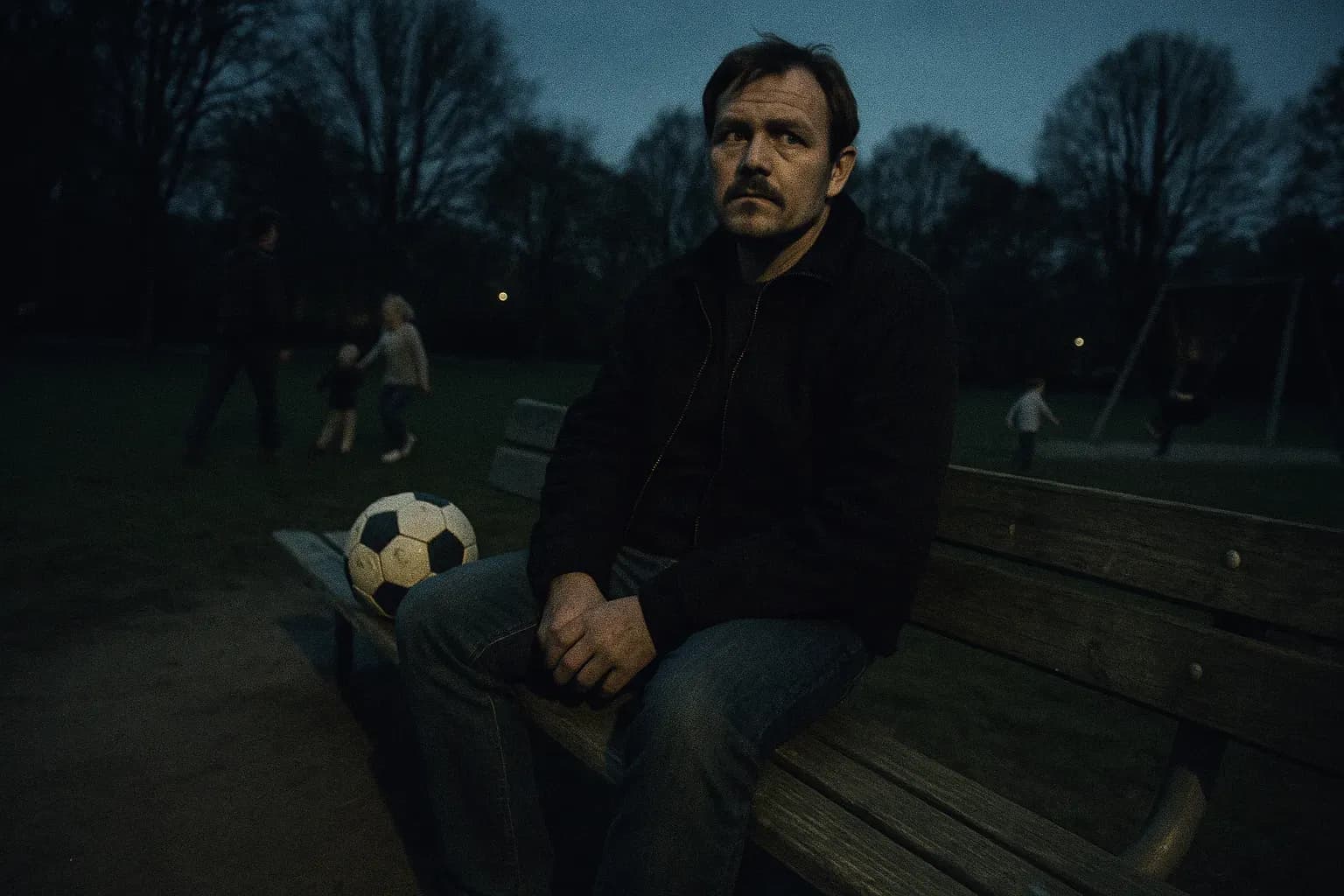 A figure resembling Marcel Lychau Hansen sits on a park bench, a football beside him, as families play in the distance, hinting at his double life as a family man and serial offender.