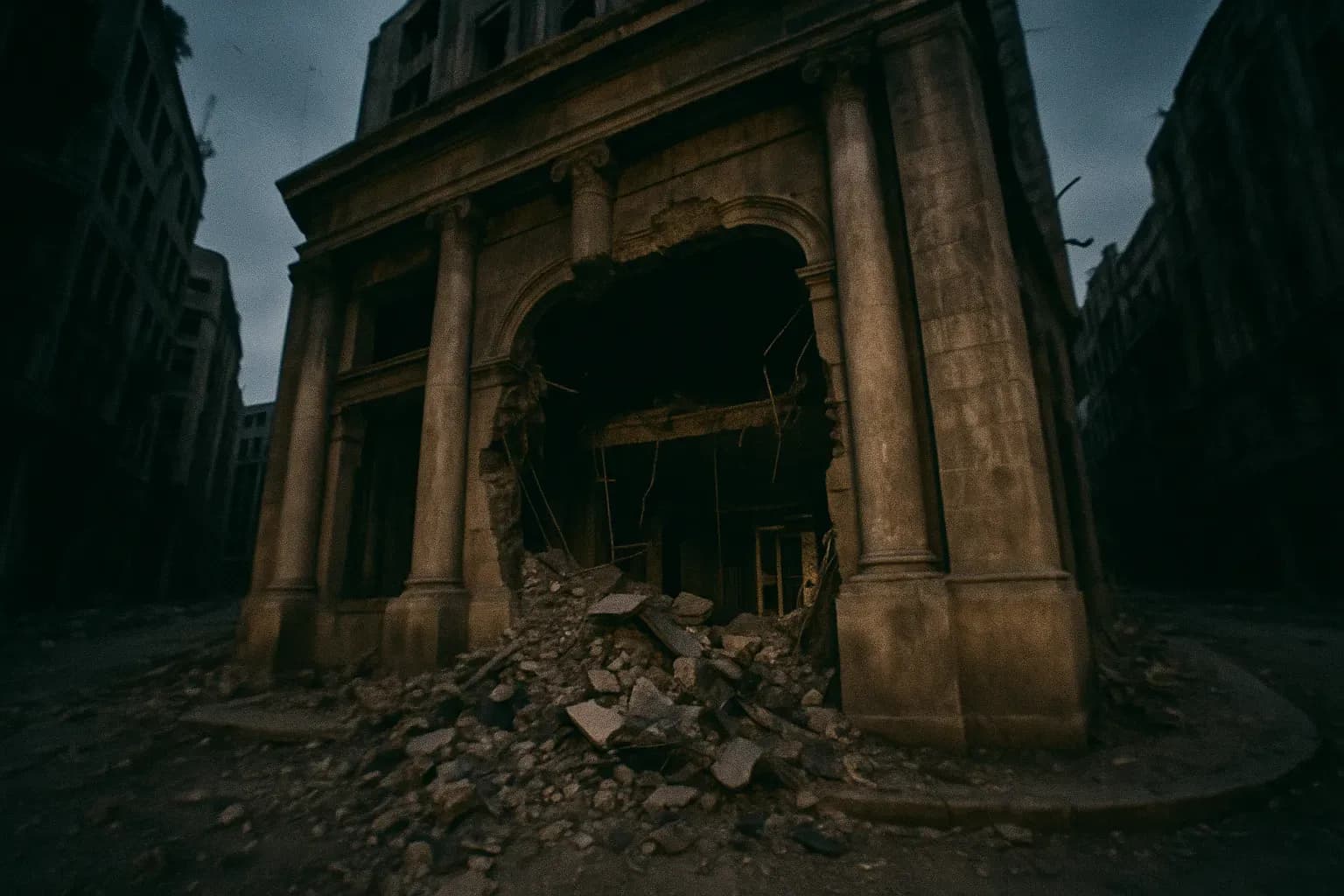 A partially collapsed wall of the British Bank of the Middle East in Beirut, revealing a gaping hole with rubble and debris, amidst the ongoing backdrop of the Lebanese civil war.