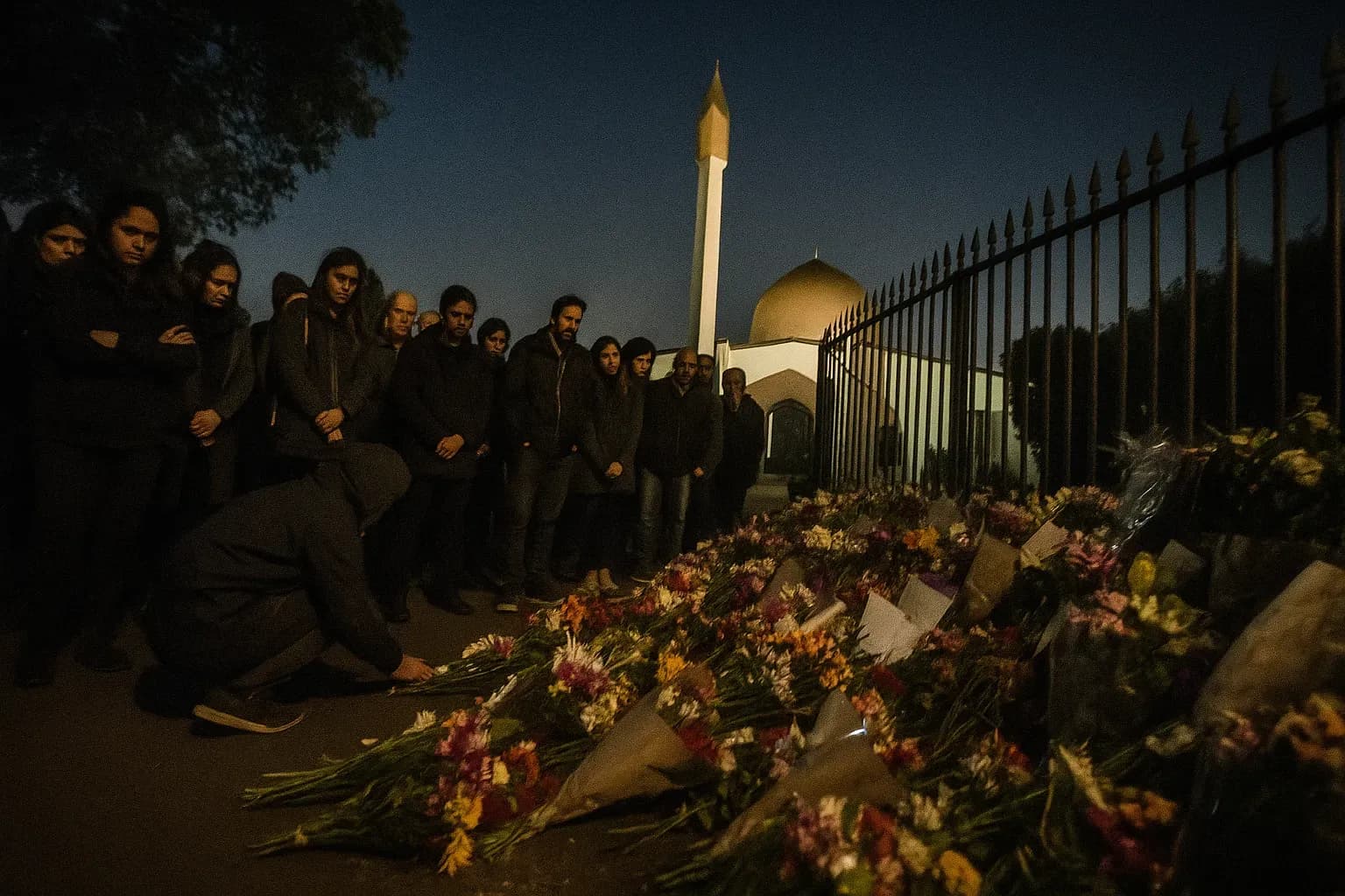 A solemn gathering of grieving citizens leaves flowers and messages of love outside the Al Noor Mosque, a shrine of remembrance and resilience against the shadow of terror.