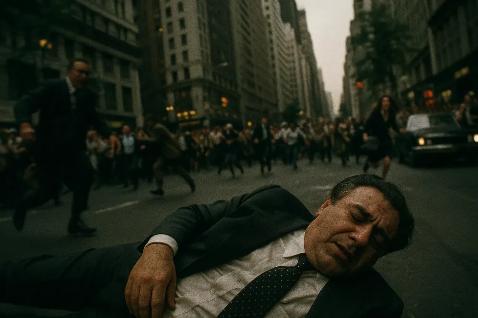 En skikkelse, der ligner Joseph Colombo, ligger omgivet af kaos under attentatforsøget i 1971; synlige menneskemængder og en følelse af panik på en travl gade i New York.