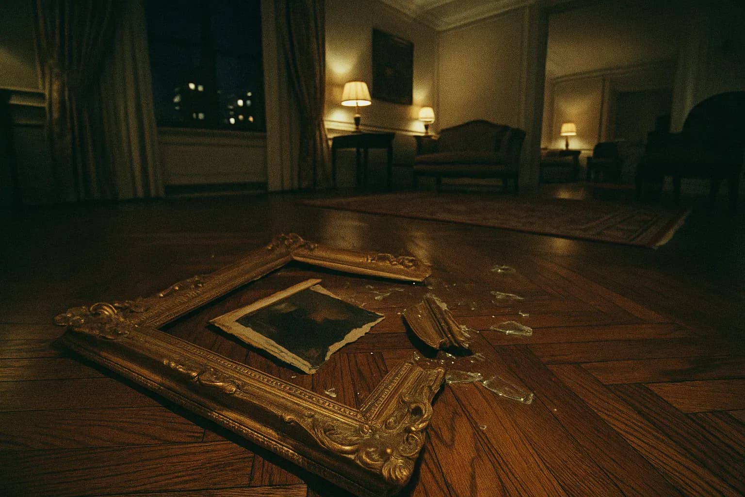 A gilded frame lies shattered on the floor of an opulent New York apartment, a single remaining piece of a stolen masterpiece, hinting at an unsolved family murder and art heist.