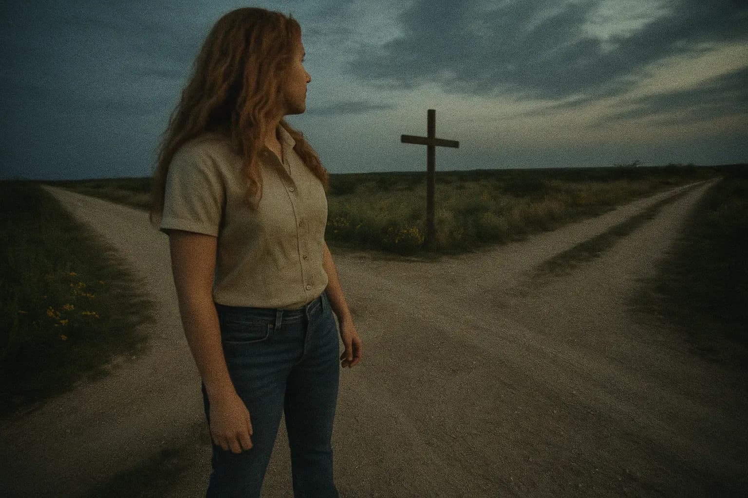 A figure resembling Baby Holly, now an adult, stands at a weathered crossroad in the remote Texas landscape, surrounded by scrub and wildflowers, evoking a sense of history and reunion after decades apart.