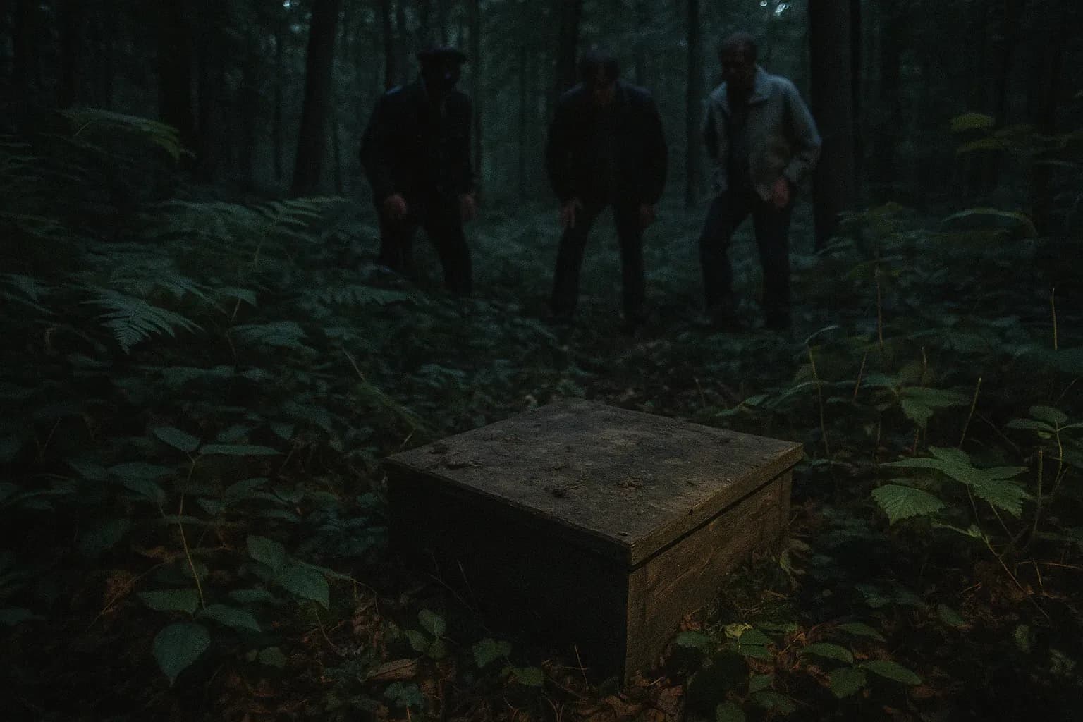 En lille trææske, delvist begravet i den tætte løvskov i Weingarten Skov, myndighederne undersøger stedet, hvor Ursula Herrmann blev fundet, en uhyggelig påmindelse om kidnapningssagen fra 1981.