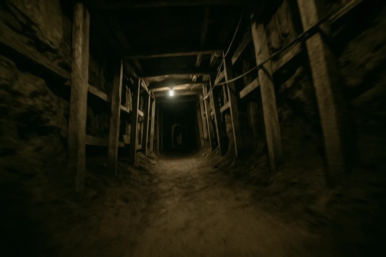 En svagt oplyst, hemmelig tunnel under den amerikansk-mexicanske grænse, med vægge fyldt med interimistiske bygningsstøtter og nedtrådte stier, symboliserer Tijuana-kartellets smugleroperationer og underjordiske imperium.