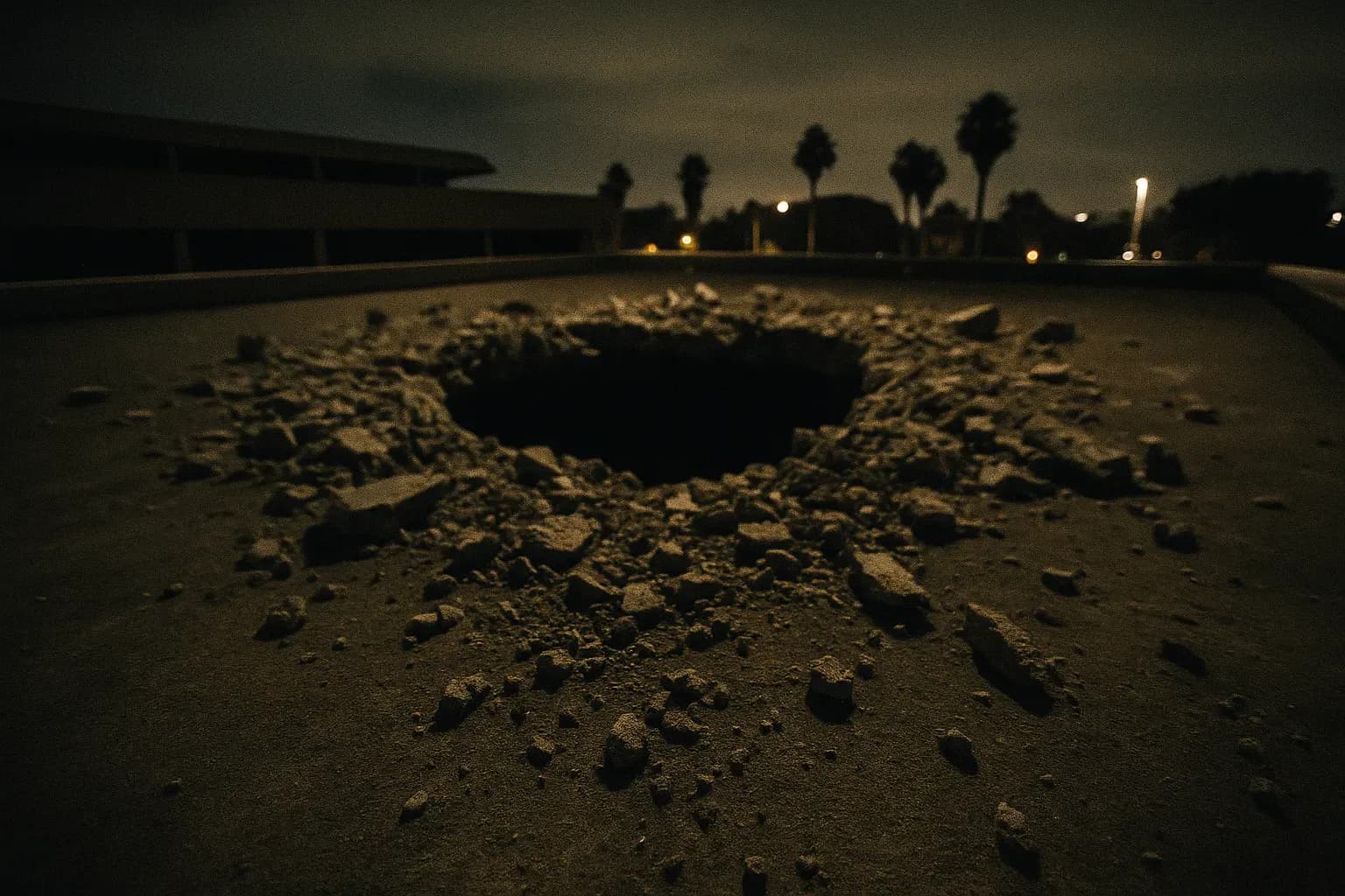 The roof of the United California Bank in Laguna Niguel, showing a gaping hole blasted with dynamite, surrounded by debris from the notorious 1972 heist linked to Amil Dinsio's gang.