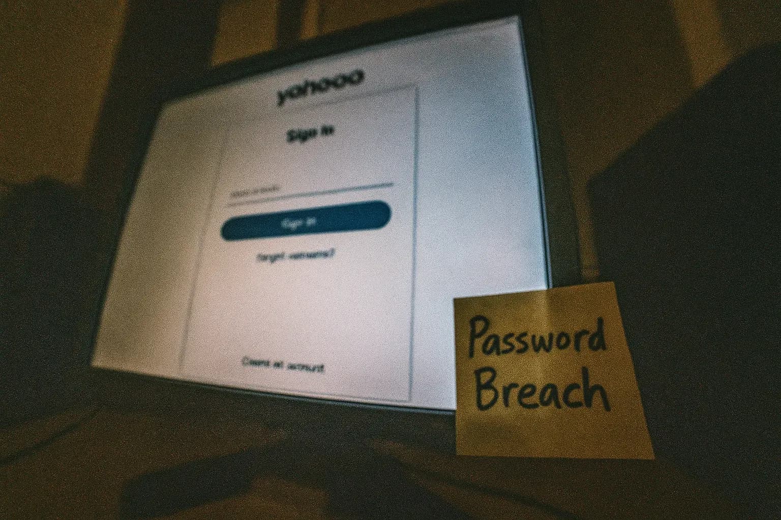 En computerskærm, der viser en Yahoo-login side med en lille sticky note, der lyder 'Password Breach' placeret i nærheden, hvilket antyder et brud på brugerkonti.