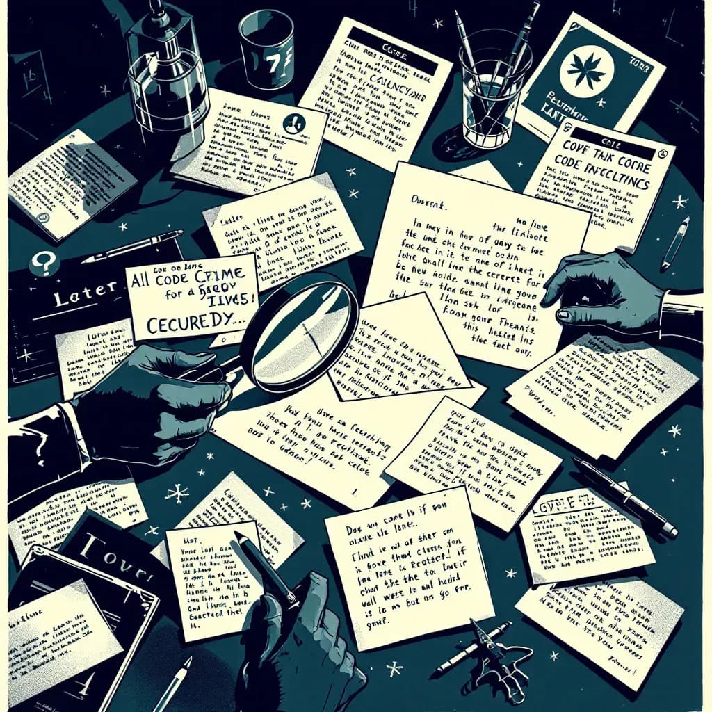 A table covered in various handwritten letters and coded messages, magnifying glass examining one letter, investigator analyzing contents, symbols representing secrets and hidden motives, depicting the crucial role of written correspondence in crime investigations.