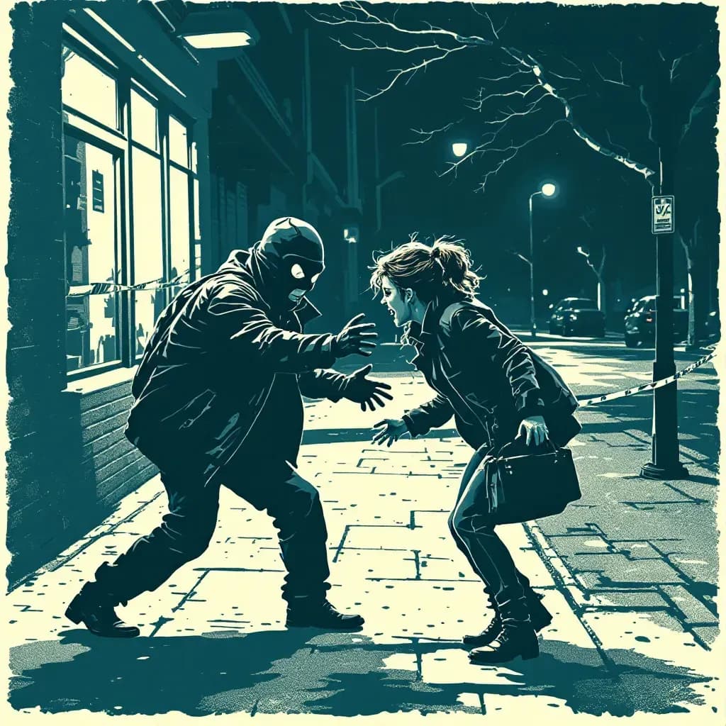 A masked robber forcefully demands a purse from a terrified victim on a dimly lit street, with police tape cordoning off the scene behind them.