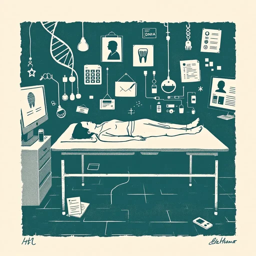 An unidentified body on an examination table, surrounded by forensic tools such as DNA samples, dental records, and a computer displaying genealogy data, symbolizing the use of technology in solving cold cases.