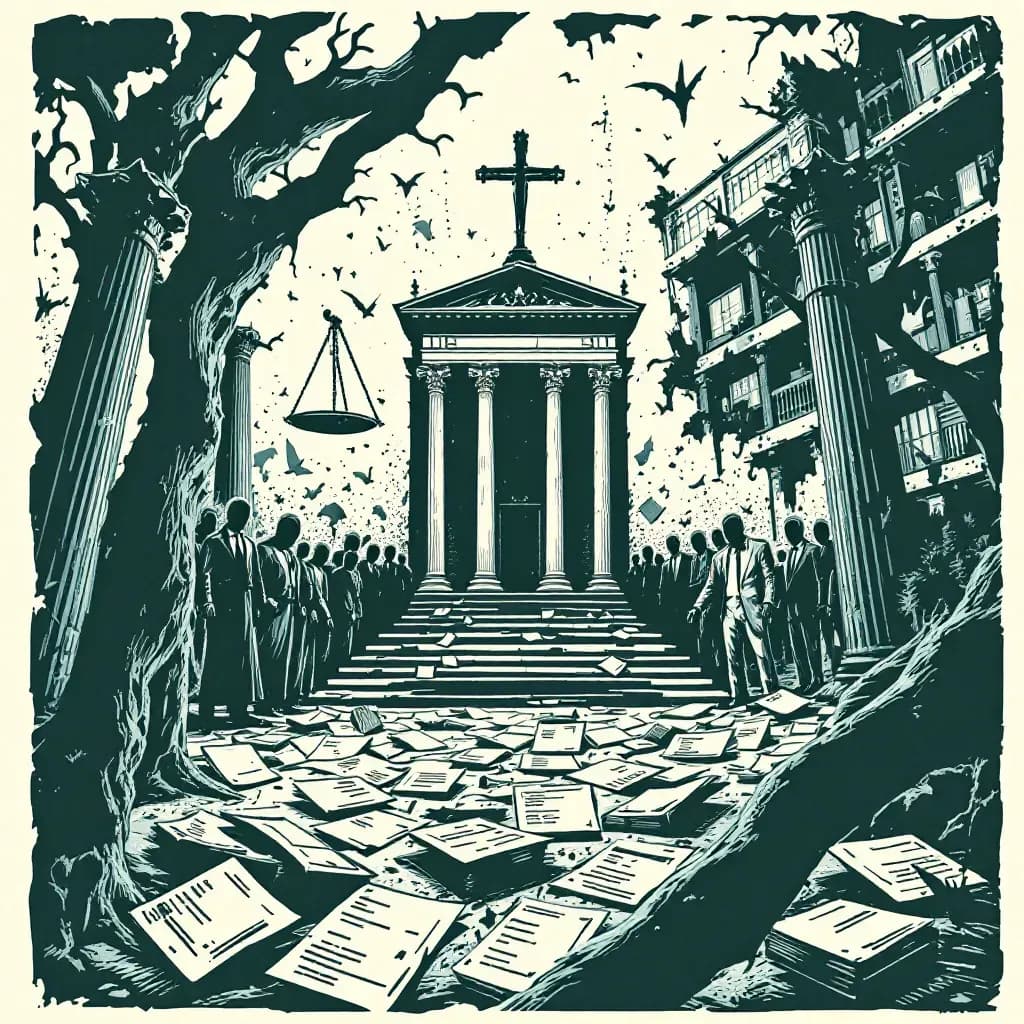 An illustration of a broken courtroom symbolizing flawed justice, surrounded by ominous shadows representing unsolved crimes, with legal documents scattered across the scene depicting institutional errors and systemic failures.