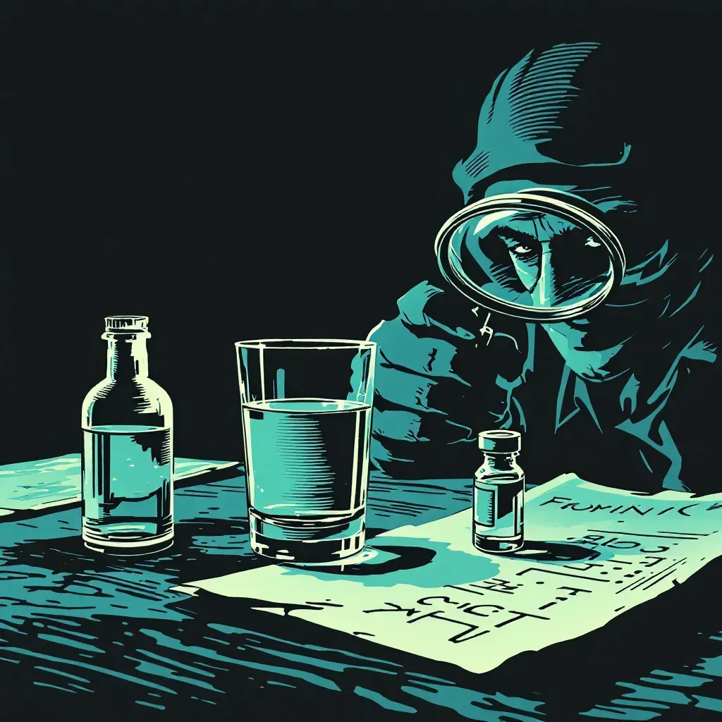 A glass of liquid on a table next to an inconspicuous vial, with a figure in the background observing, and a forensic investigator examining evidence with a magnifying glass.