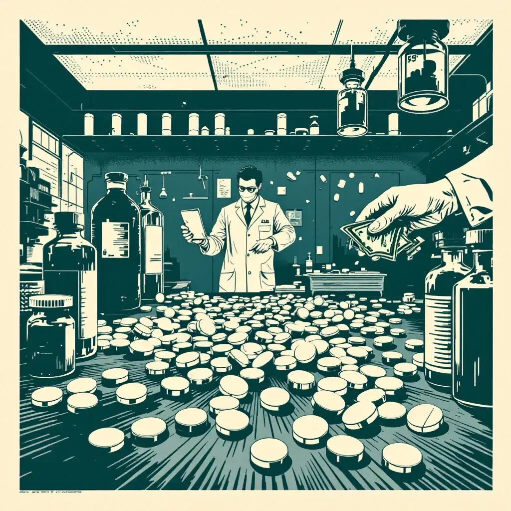 Opioid pills scattered amidst a counterfeit medicine lab, with lab equipment and money exchanging hands, symbolizing fraud and the deadly impact of greed in the pharmaceutical industry.