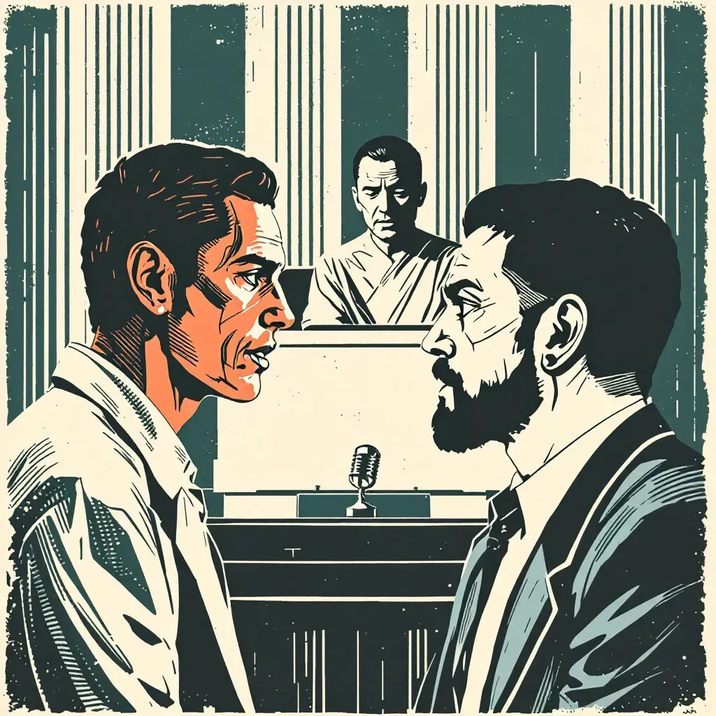 A courtroom scene where a victim and perpetrator face each other, capturing a moment of intense emotion and confrontation, with a judge observing the exchange.