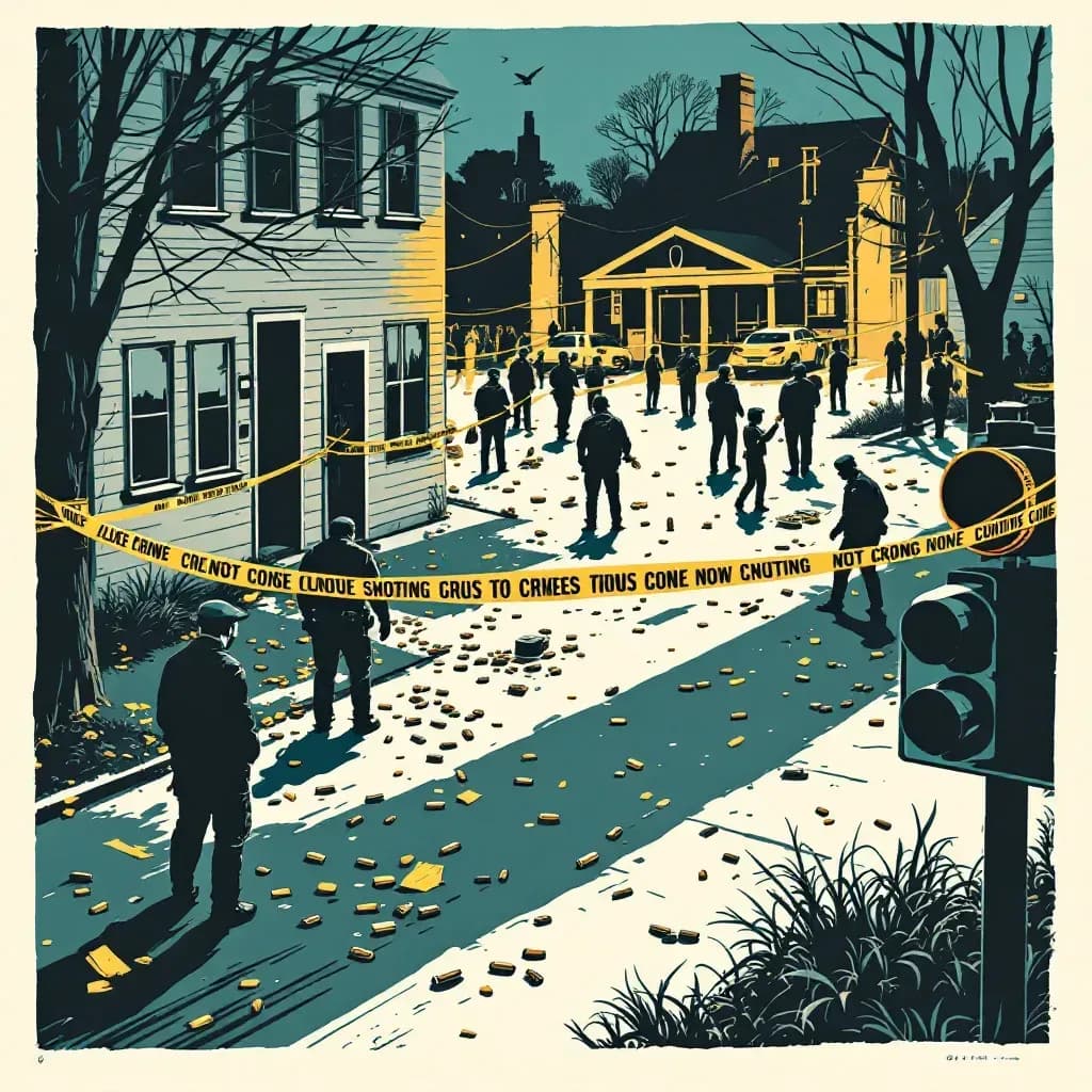 A chaotic crime scene with police tape, forensic investigators collecting evidence, and shell casings on the ground, symbolizing the aftermath of a shooting and the ensuing investigation.