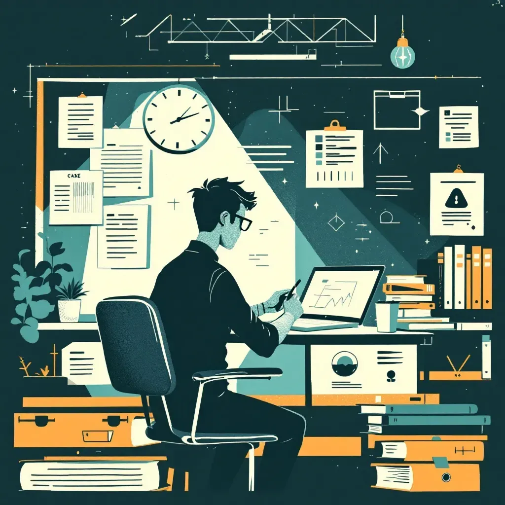 A figure in a classroom setting using advanced technology to plan a crime, surrounded by criminal case files and schoolbooks, illustrating the dual role of education in facilitating both learning and illicit activities.