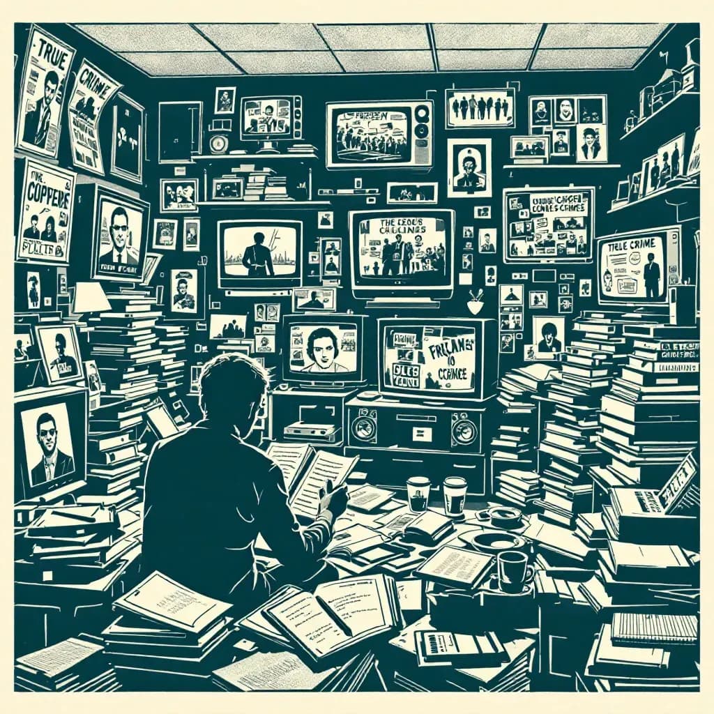 A cluttered room filled with true crime memorabilia, including documentaries playing on multiple screens, crime scene photos on the walls, and stacks of notebooks; a figure intensely studying the material.