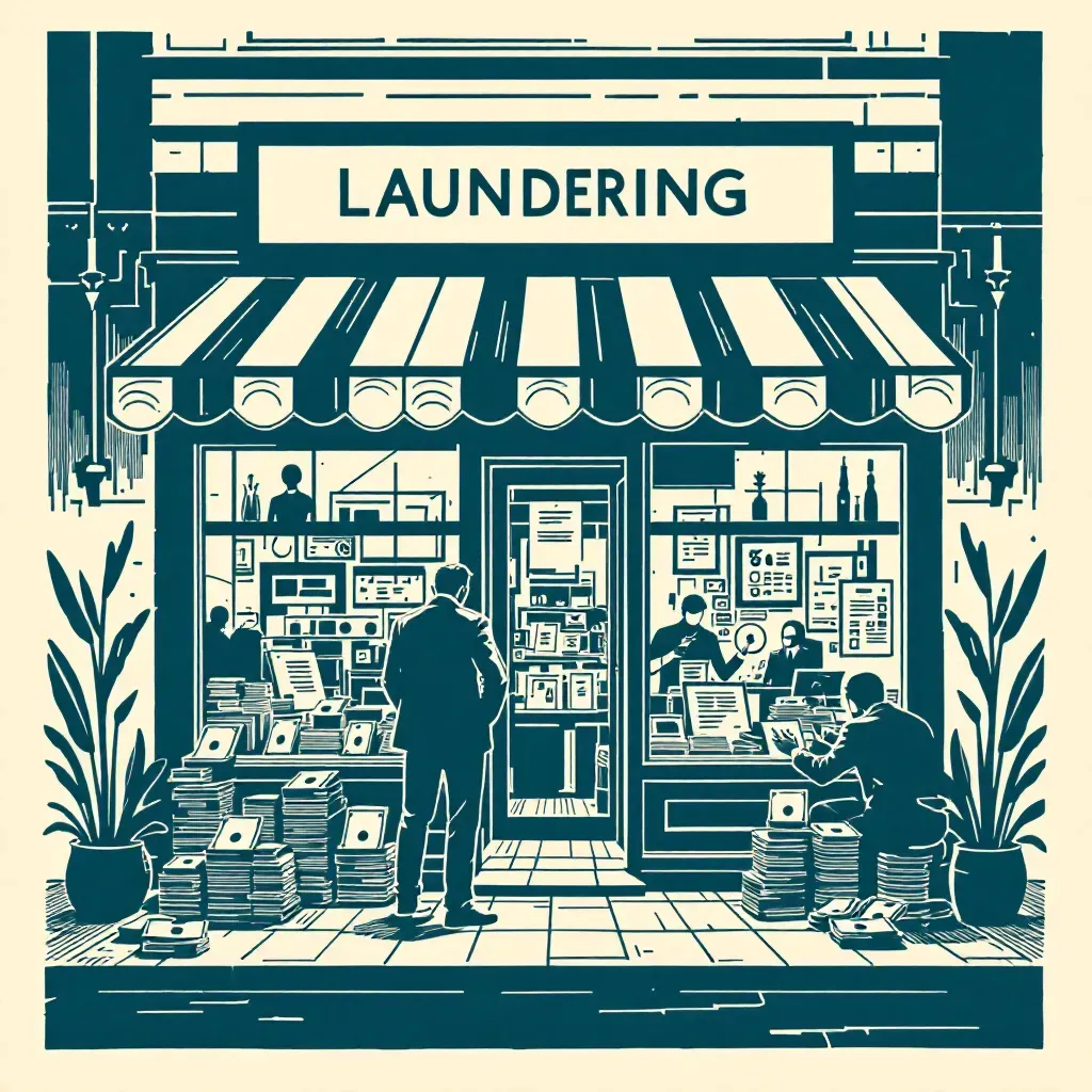 A business storefront serves as a facade for money laundering, with stacks of cash, hidden ledgers, and false documents, while behind it, figures engage in secretive exchanges and suspicious activities.