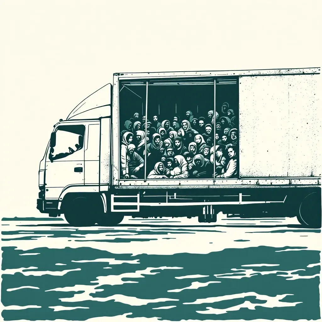 A hidden compartment inside a truck shows a group of people huddled together, representing human smuggling operations with false documents and hazardous travel routes.