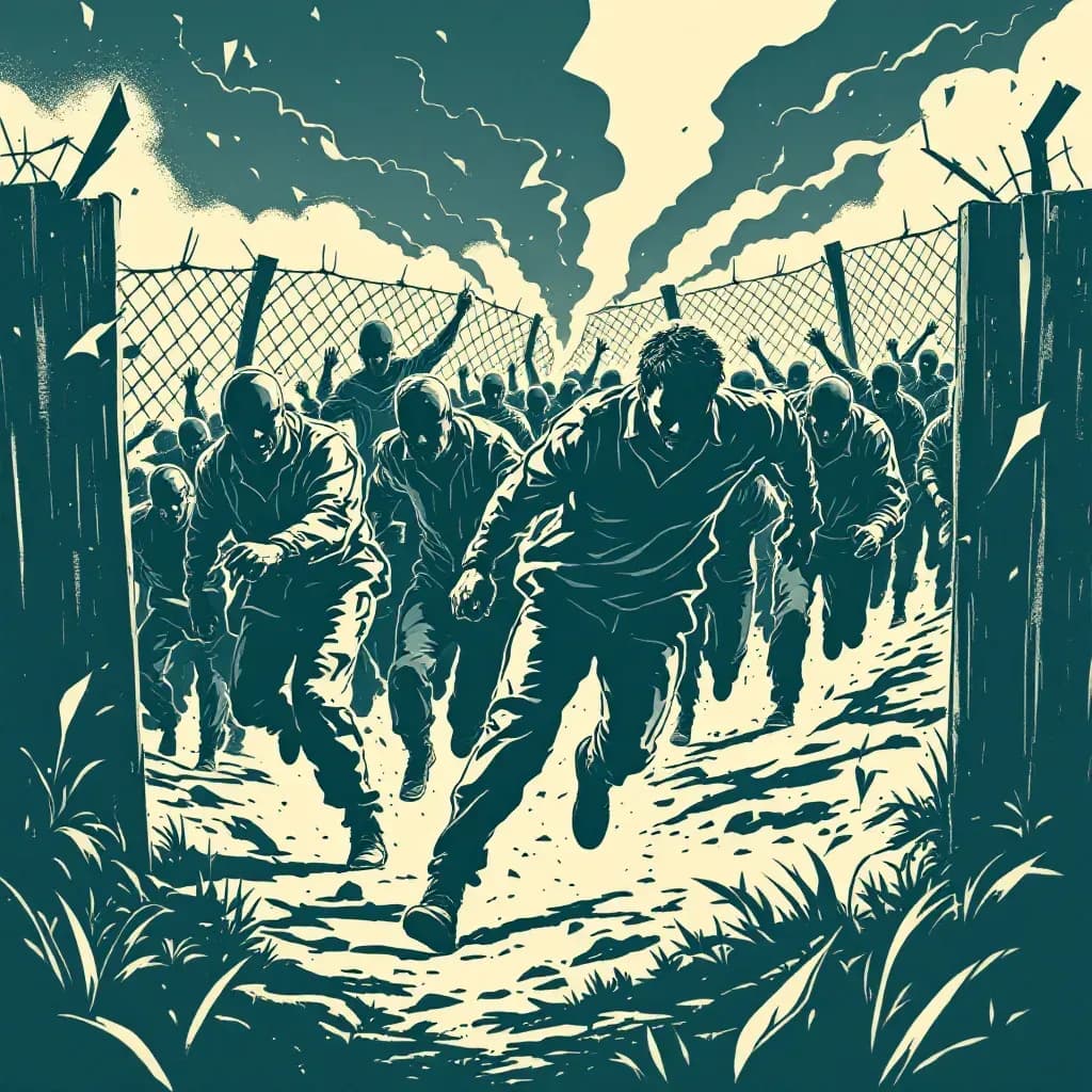 Prisoners fleeing through a broken fence, guards in pursuit, highlighting the chase and desperation of an intense manhunt.