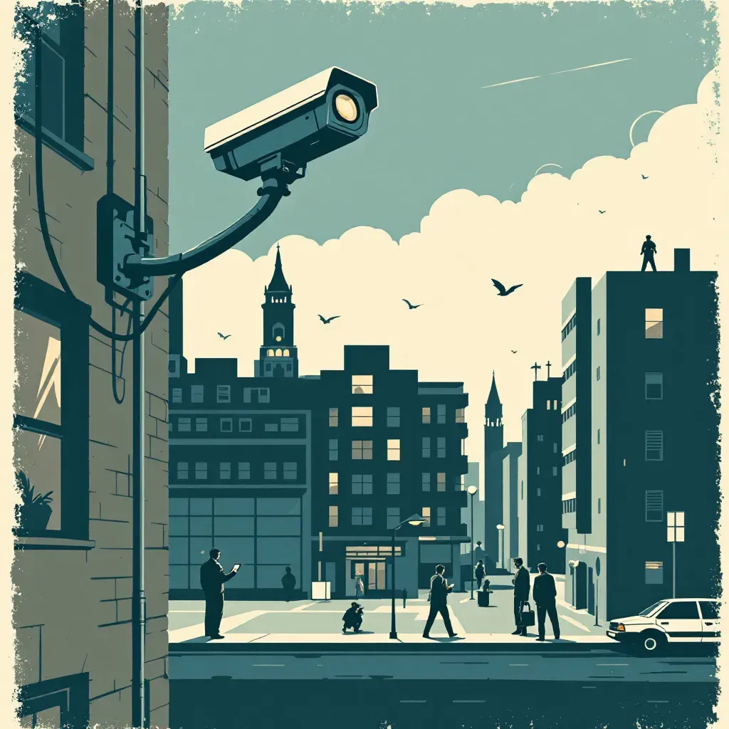 A surveillance camera mounted high on a building captures critical evidence of a street crime, with investigators analyzing the footage on a laptop nearby.