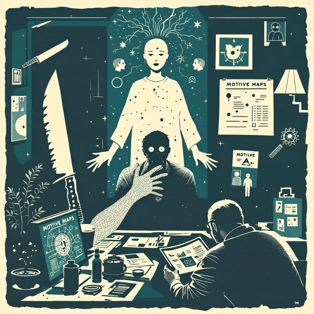 An individual taking vengeful action, surrounded by symbols of crime like a knife and stalking imagery, with an investigator analyzing motive maps and charts in a dimly lit scene.
