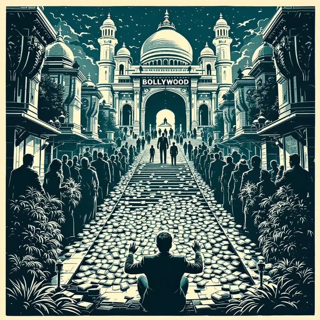 A glamorous Bollywood film set contrasted with shadowy figures, a network of illicit activities including piles of cash, clandestine meetings, and tense exchanges symbolizing organized crime, money laundering, and extortion.