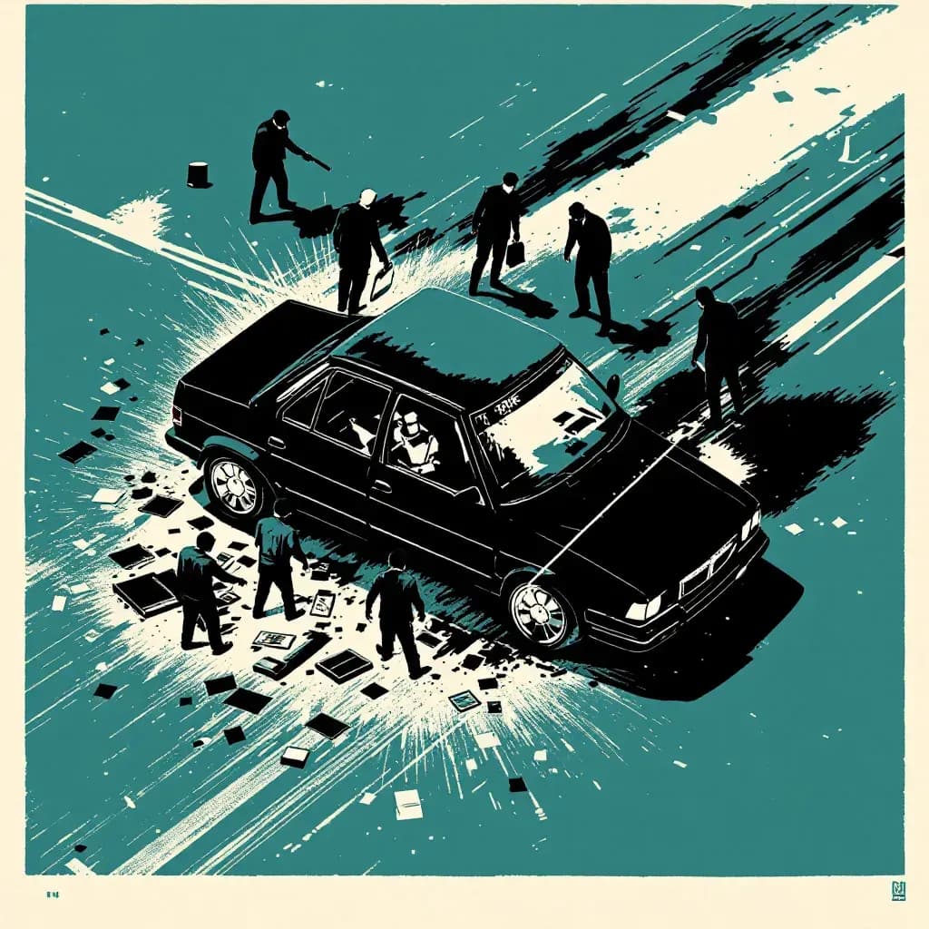 A car, transformed from a mode of transport to a crime scene, displaying visible damage and scattered forensic evidence, with investigators collecting clues and analyzing the vehicle's role in the crime.