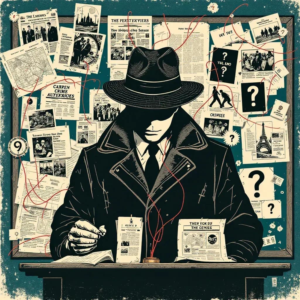 A detective's bulletin board cluttered with newspaper clippings, photos of crime scenes, maps with red string connections, and question marks symbolizing unsolved mysteries.