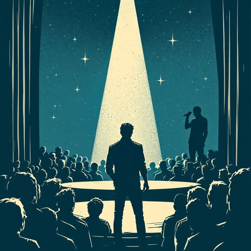 A musician stands before an audience under the spotlight, with a crowd looking on and a shadowy figure lurking behind the stage, symbolizing the dual roles of celebrity as victim and perpetrator in crimes.