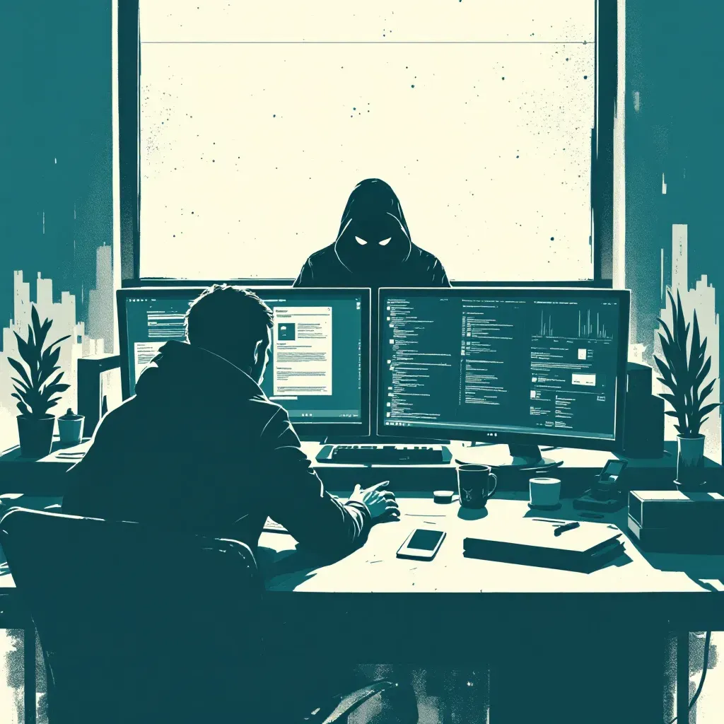 A shadowy figure in front of computer screens, using technology to orchestrate a crime from afar, while detectives scrutinize digital evidence and communication logs in a tense investigation room.