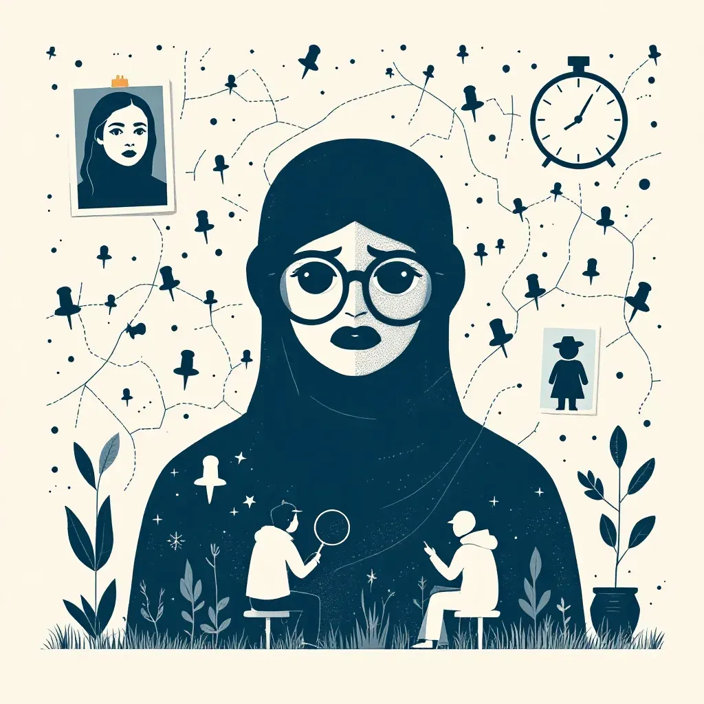 A map covered in push pins, photographs of the missing person, a clock symbolizing urgency, and detectives examining clues under a magnifying glass, set against a backdrop of worried relatives waiting for news.