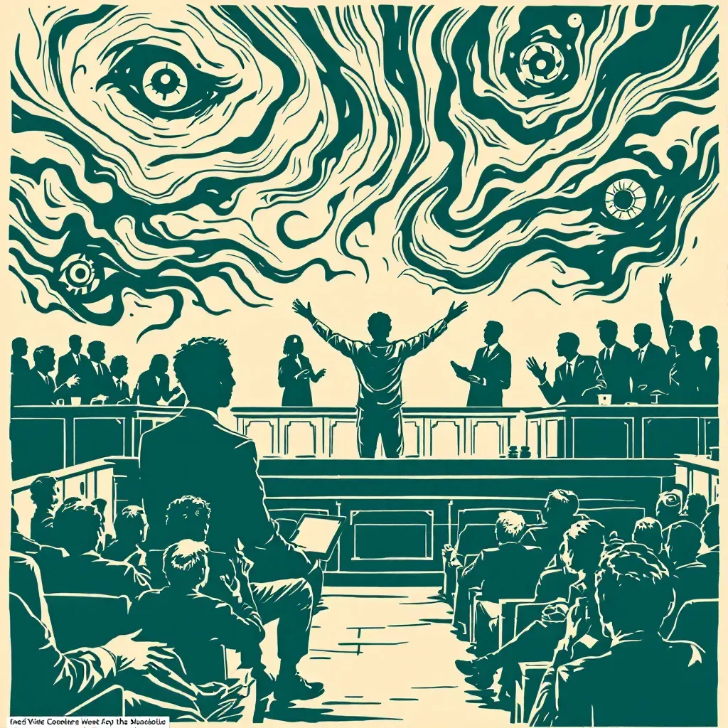A courtroom scene where a defendant exhibits signs of psychosis, surrounded by swirling visions of hallucinations and delusions, while a judge, jury, and lawyers engage in intense discussion.