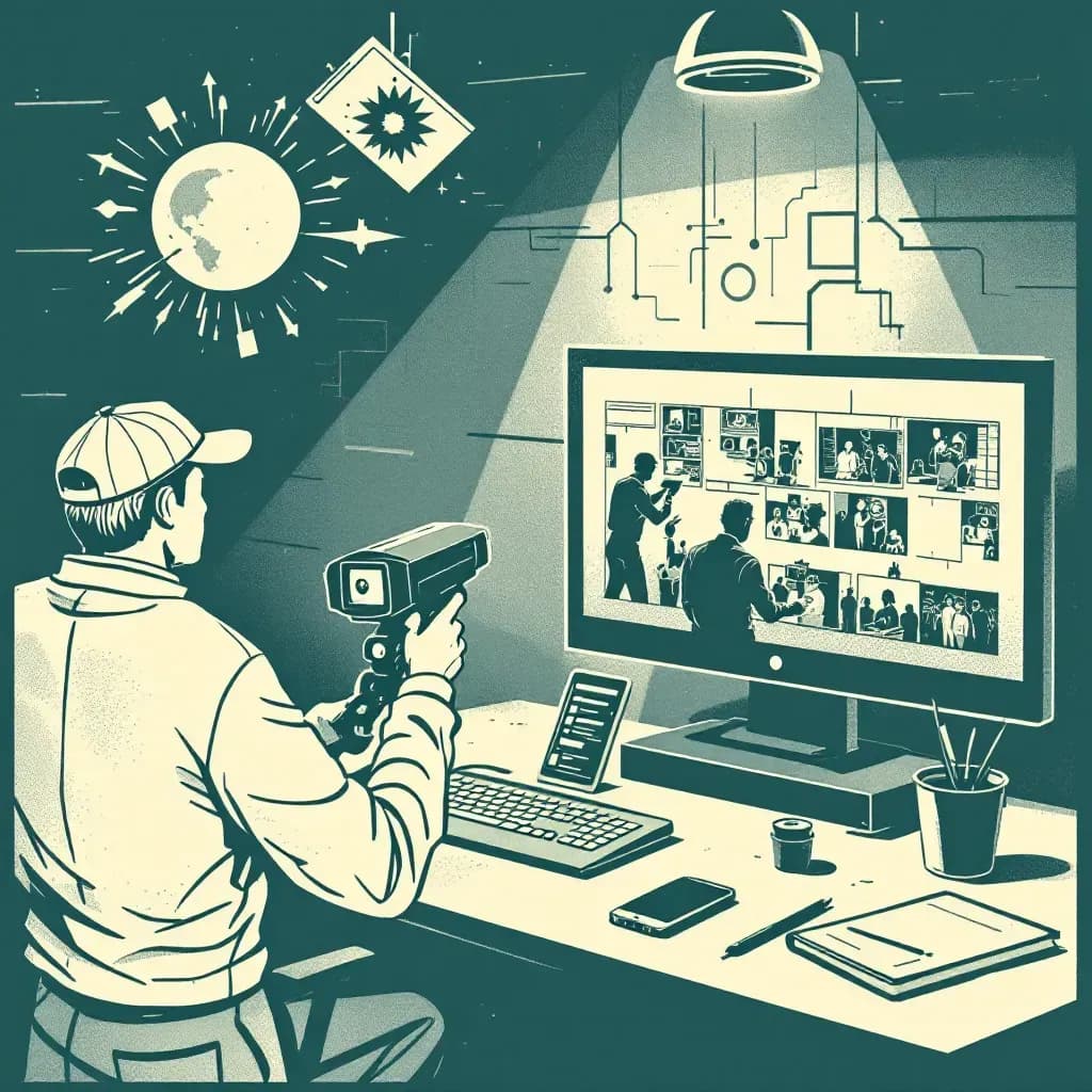A crime scene with a video camera capturing incriminating footage, detectives analyzing the video evidence on a monitor, and digital technology enhancing the details to uncover crucial leads in the investigation.