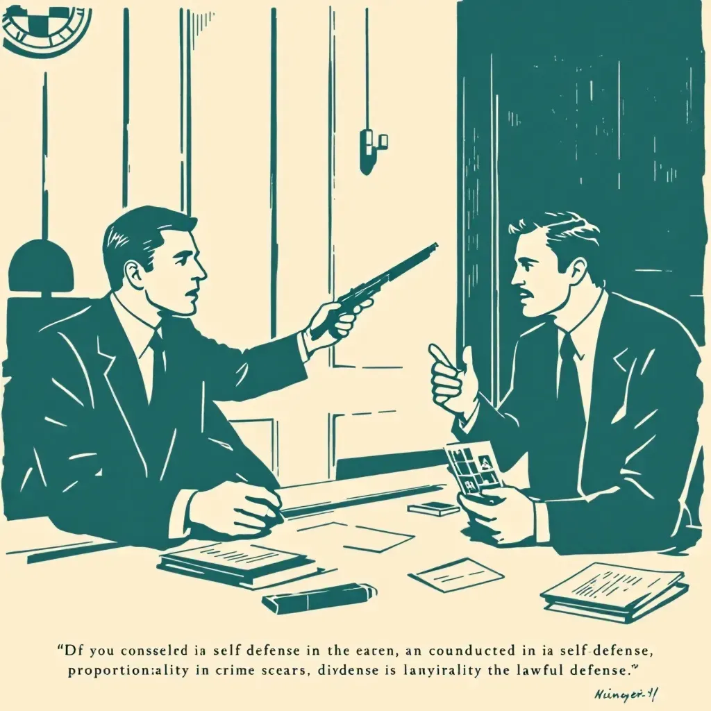 A courtroom scene with a judge considered self-defense evidence; two lawyers argue, one presenting physical evidence like a weapon, the other showing photos of a crime scene, discussing proportionality in lawful defense.