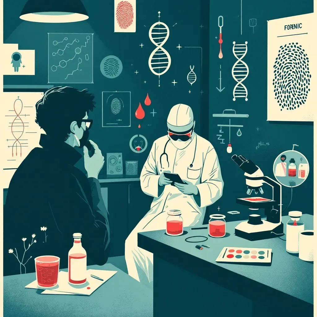 Blood, saliva, and hair samples being analyzed in a forensic lab, with diagrams of DNA strands and scientists examining evidence under a microscope, symbolizing the process of genetic fingerprinting in crime solving.