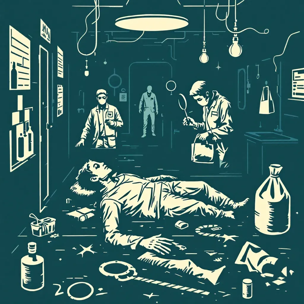 A crime scene investigation focusing on corpses as the central elements, involving forensic investigators with tools like magnifying glasses and evidence bags, against a backdrop of a crime lab or morgue setting.